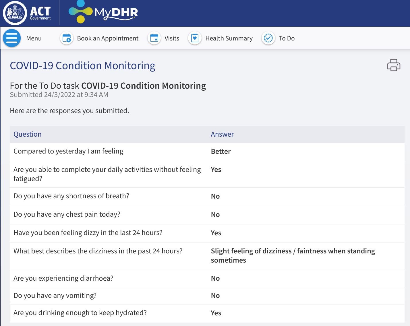 MyDHR COVID-19 Condition Monitoring