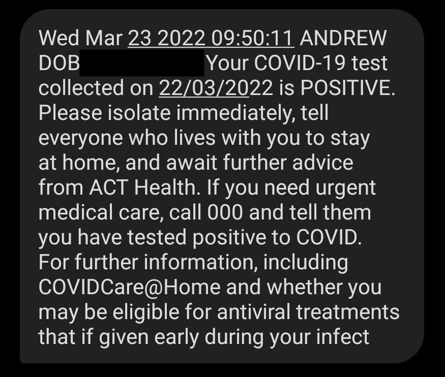 Initial notification from ACT Pathology
